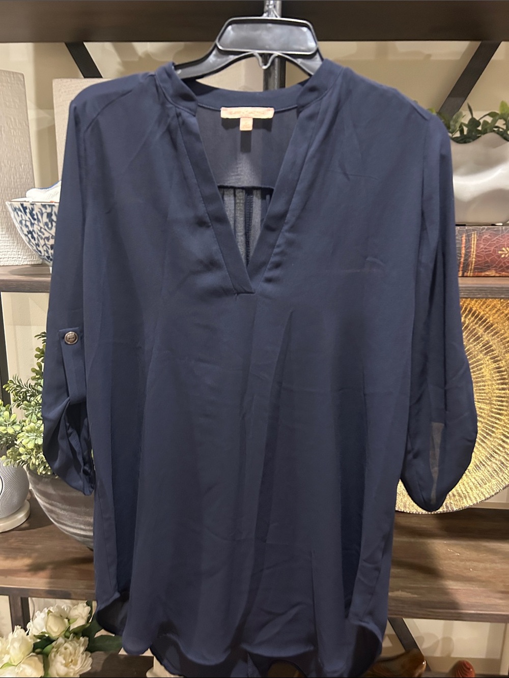 Gibson Latimer Navy V-Neck Long Sleeve Blouse